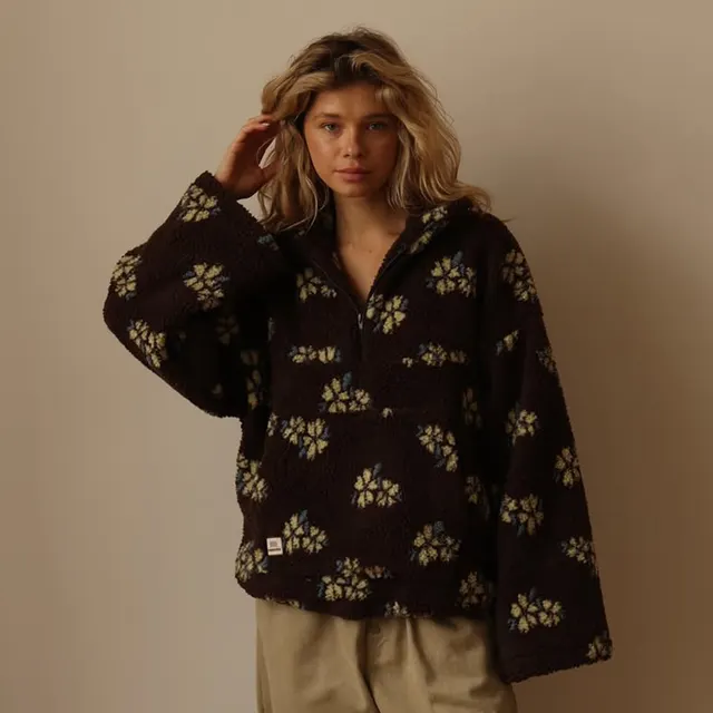 Winter Flowers Lambskin Sweatshirt With Big Pocket Casual Loose Zip up Lapel Pullover Top Women's Clothing Coffee Color - Shop at LoveMi