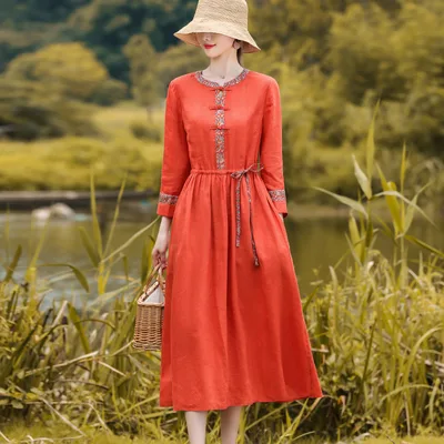Vintage Artistic Long Sleeve Round Neck Cotton And Linen Dress Women's Lace up Cinched Patchwork Midi Dress Orange Red - Shop at LoveMi