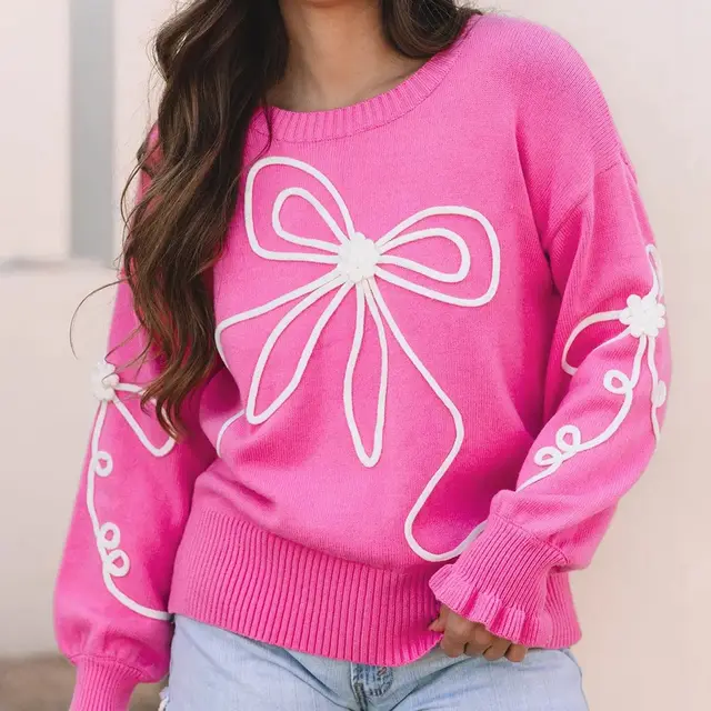 Corded Flower Bow Ribbed Trim Casual Sweater Bright Pink - Shop at LoveMi