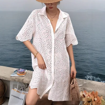 Hollow Cardigan Fashion Short Sleeve Dress White - Shop at LoveMi