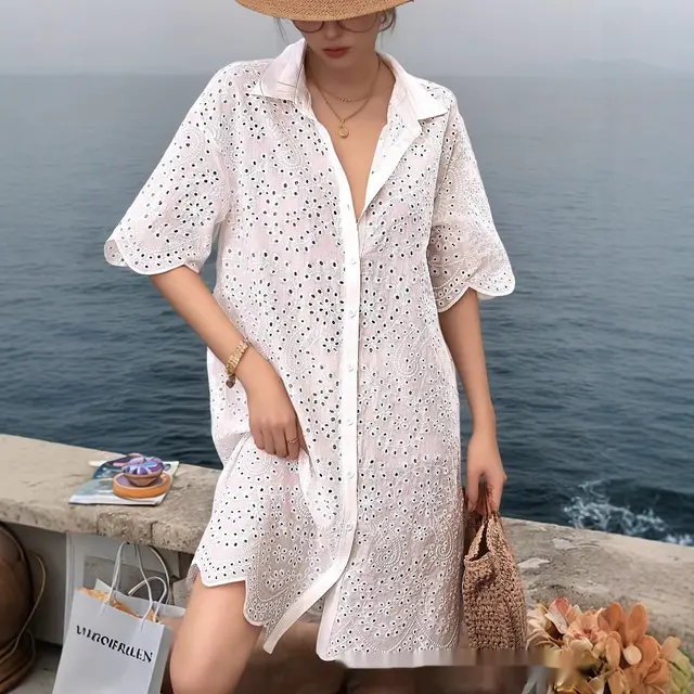Hollow Cardigan Fashion Short Sleeve Dress White - Shop at LoveMi