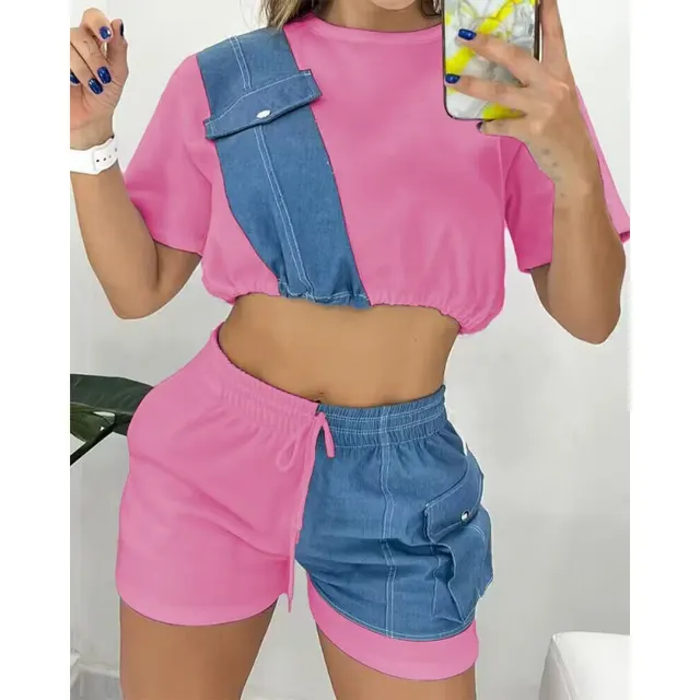 Summer New Women's Denim Stitching Suit Pink - Shop at LoveMi