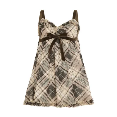 Girlish Style Printed Checks Bow Tied Spaghetti strap Brown - Shop at LoveMi