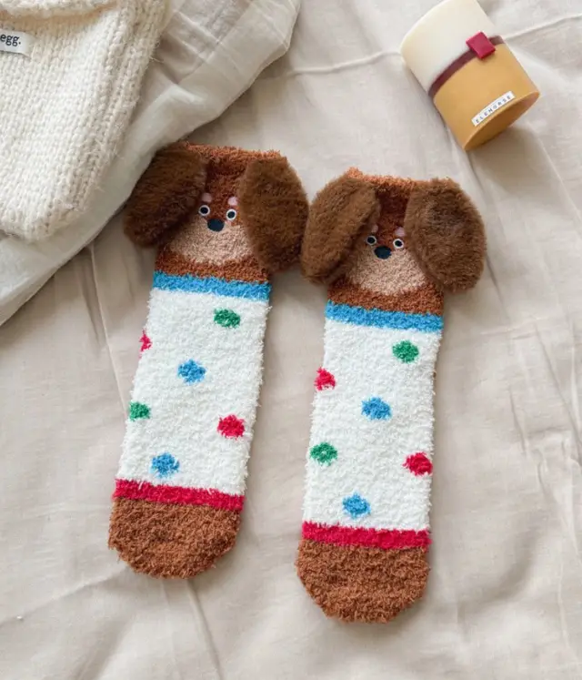 Cartoon Sausage Dog Coral Fleece Tube Socks Home Room Socks Red Dots - Shop at LoveMi
