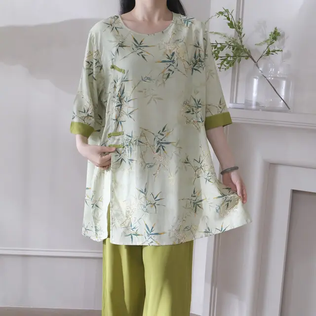 Can Be Worn Outside New National Style Poppin Pajamas Suit Green Bamboo - Shop at LoveMi