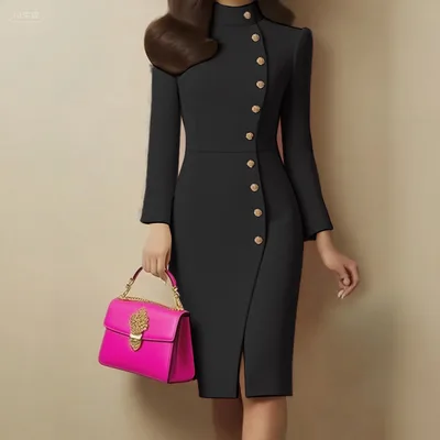 Fall Fashion Long Sleeve Stand up Collar Slim Fit Metal Button Split Dress Black - Shop at LoveMi