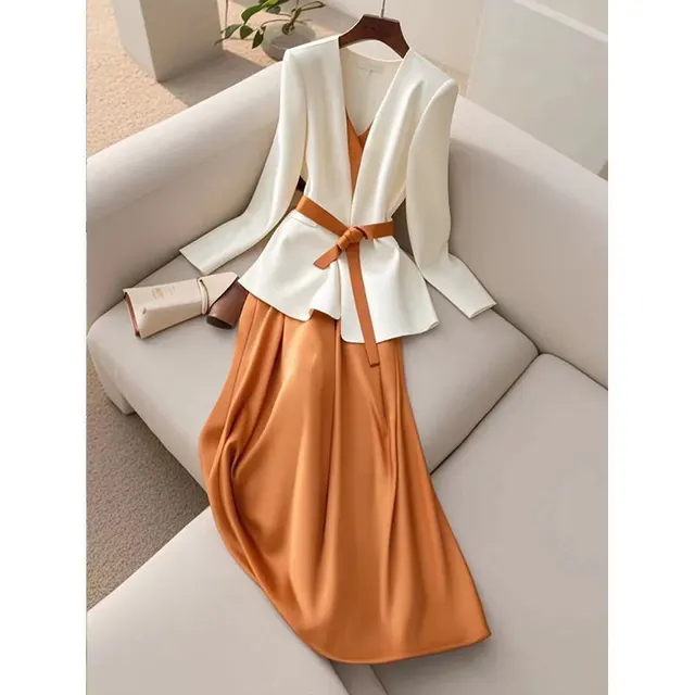 Two piece Suit For Formal Occasions Elegant White Orange Suspender Skirt White Orange - Shop at LoveMi