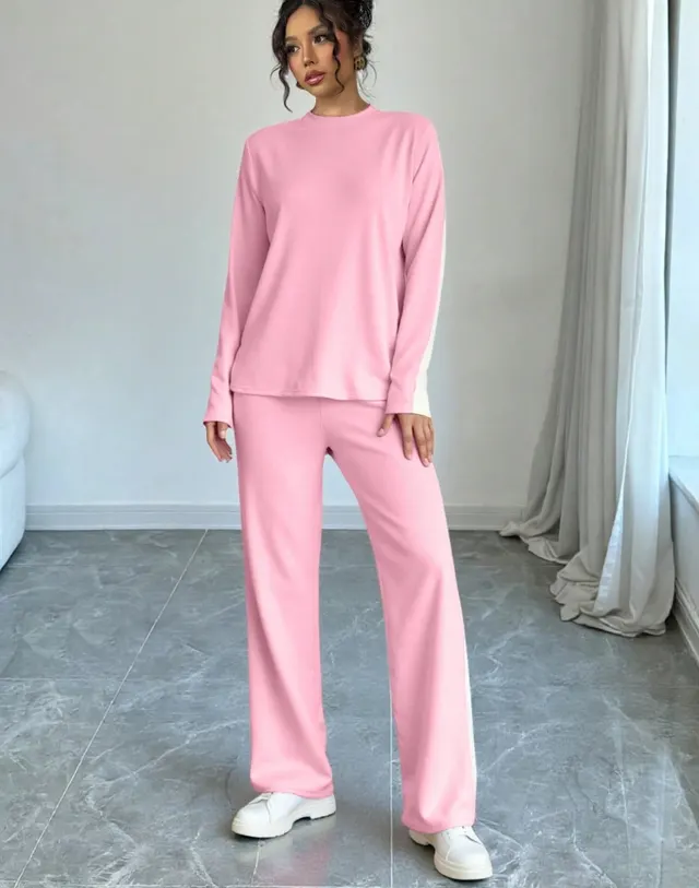 Trousers Suit European And American Autumn And Winter Women Color Contrast Patchwork Fashion Two piece Suit Pink - Shop at LoveMi