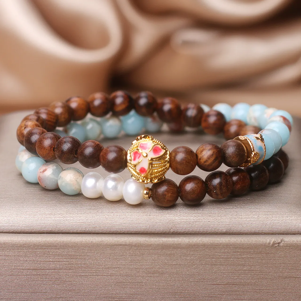 Natural Shoushan Stone Pear Flower And Wood Double Ring Bracelet Women's New Mild Luxury Retro Niche Twin Bracelet Girlfriends' Gift - Shoushan Stone