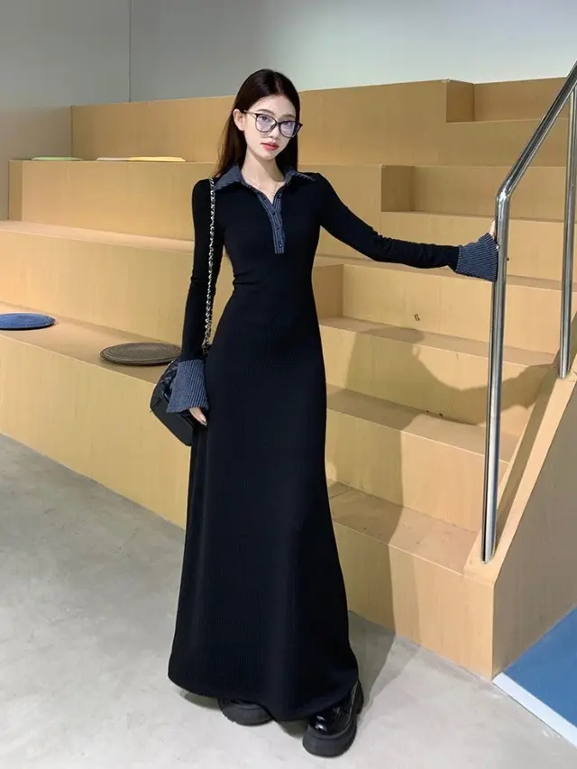 Black Polo Collar Knitted Dress Women's Waist tight Long Skirt Black - Shop at LoveMi