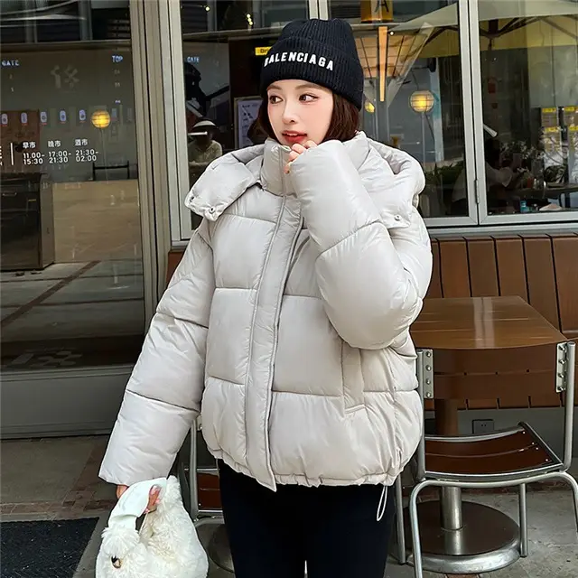 Elegant Fluffy Hooded Cotton Jacket Puffer Jacket Coat Warm Commute Jade White - Shop at LoveMi