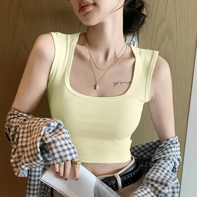 Pure Cotton Camisole Women's Inner Wide Shoulder Bottoming Top Short Yellow - Shop at LoveMi