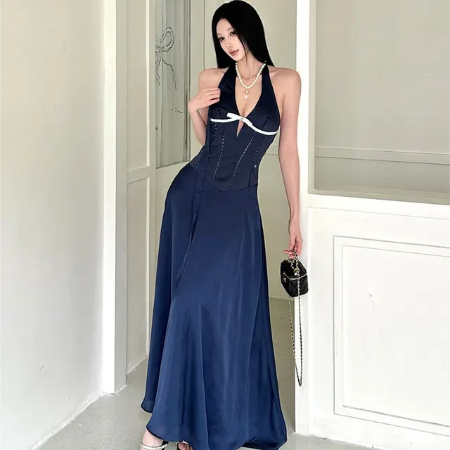 Women's Dress Hollow out Halter Waist tight Long Suspender Skirt Twilight Blue - Shop at LoveMi