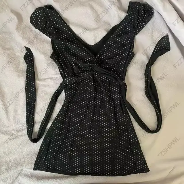 Fashion Color Contrast Polka dot Cinched Slimming Casual Short sleeved T shirt Black Top 6 - Shop at LoveMi