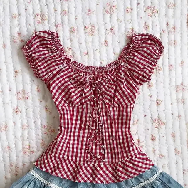 Fashion Color Contrast Polka dot Cinched Slimming Casual Short sleeved T shirt Red - Shop at LoveMi