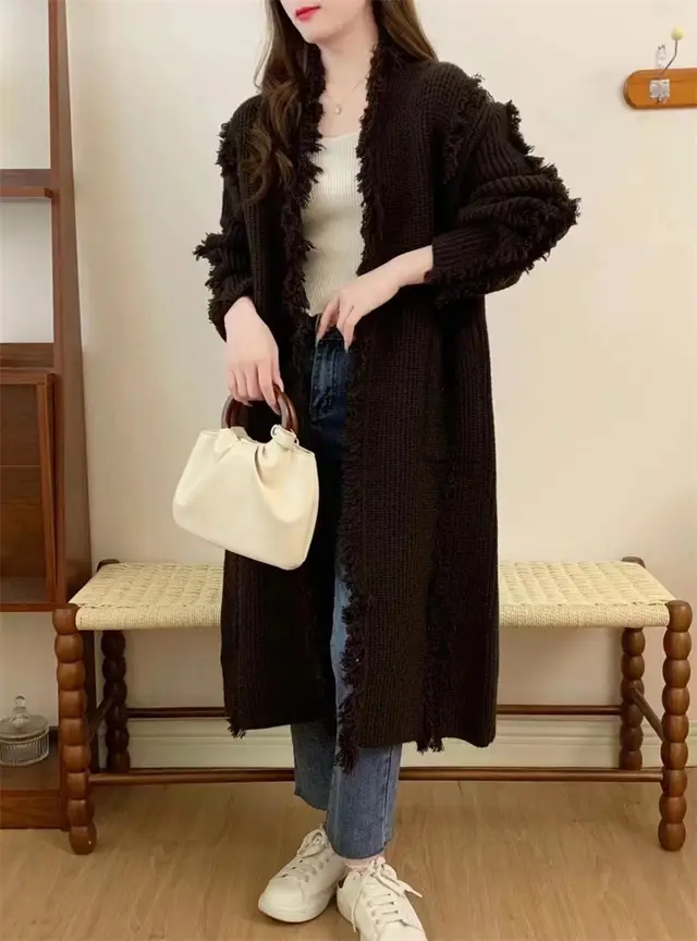 Retro Design Tassel Solid Color Sweater Coat Black - Shop at LoveMi
