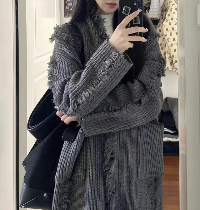 Retro Design Tassel Solid Color Sweater Coat Gray - Shop at LoveMi