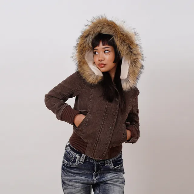 American Detachable Short Fur Collar Hooded PNE piece Suit Jacket Coat Dark Brown - Shop at LoveMi