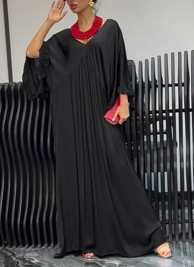 Fashion Casual Satin Ruffle Sleeve Pleated Dress Long Dress Black - Shop at LoveMi