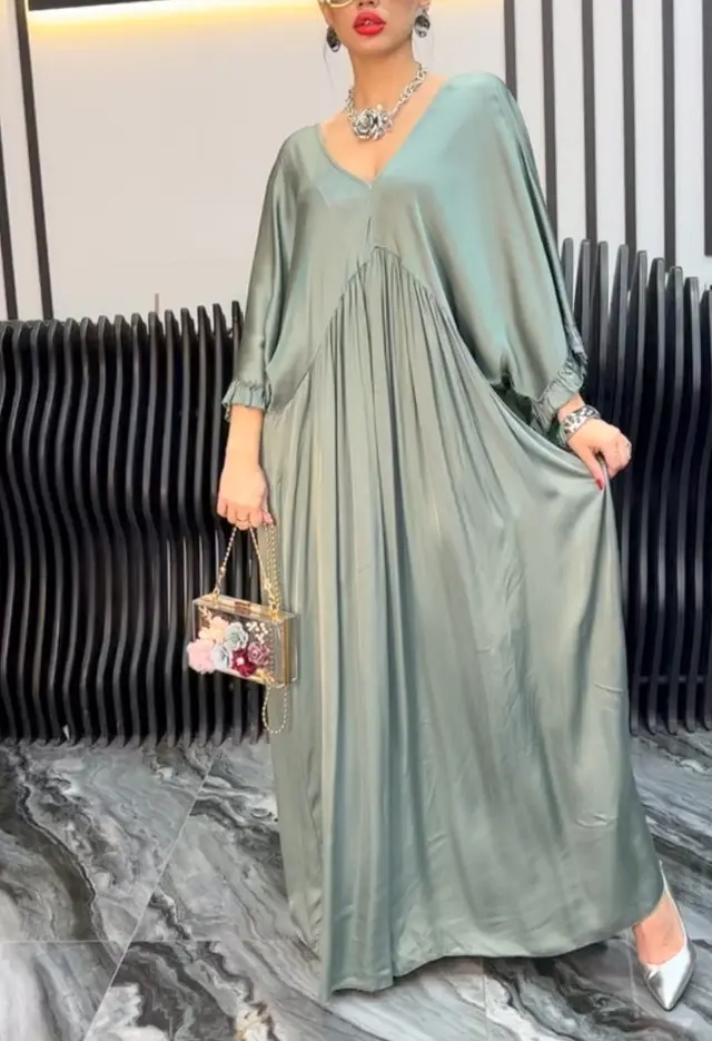 Fashion Casual Satin Ruffle Sleeve Pleated Dress Long Dress Green - Shop at LoveMi