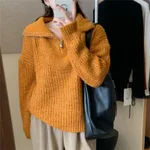 Half Zipper And Lapel Sweater Women's Knitted Blouse - Orange