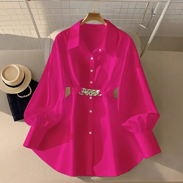 Gentle Pink Loose Lantern Sleeve Shirt Women's Metal Chain Waist Seal Top Rose Red - Shop at LoveMi
