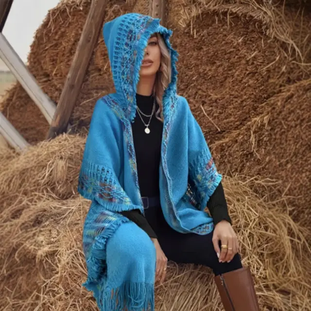 New Knitted Hollow Out Outer Match Ethnic Style Hooded Shawl For Women Sky Blue - Shop at LoveMi