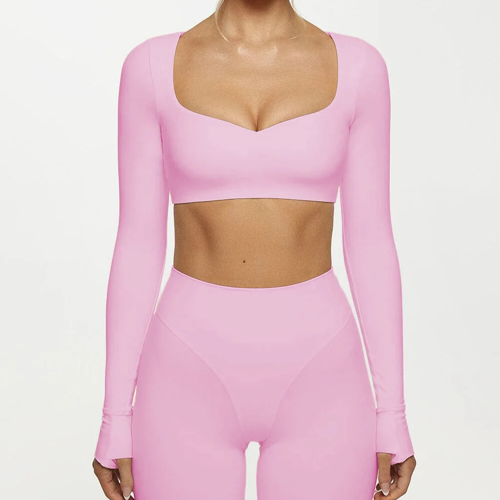 Yoga Abdominal Exercising Band Chest Pad Long Sleeve Top For Women - Yy089 Peach Pink Top