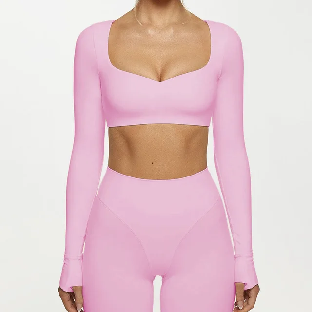 Yoga Abdominal Exercising Band Chest Pad Long Sleeve Top For Women Yy089 Peach Pink Top - Shop at LoveMi