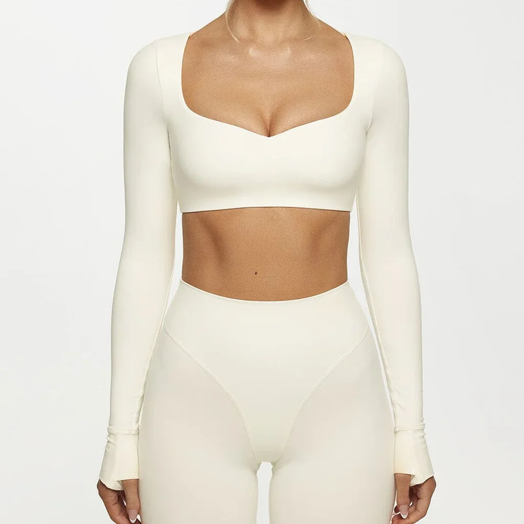 Yoga Abdominal Exercising Band Chest Pad Long Sleeve Top For Women - Yy089 White Top