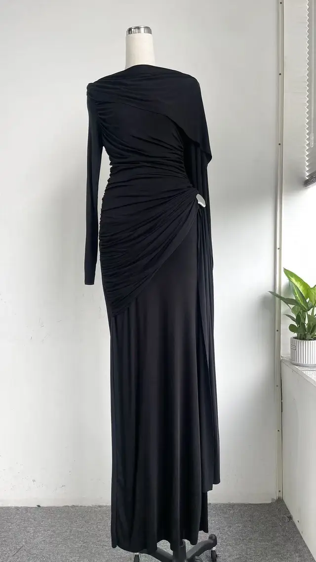 Niche Solid Color Pleating Asymmetric Simple Slim Dress Black - Shop at LoveMi