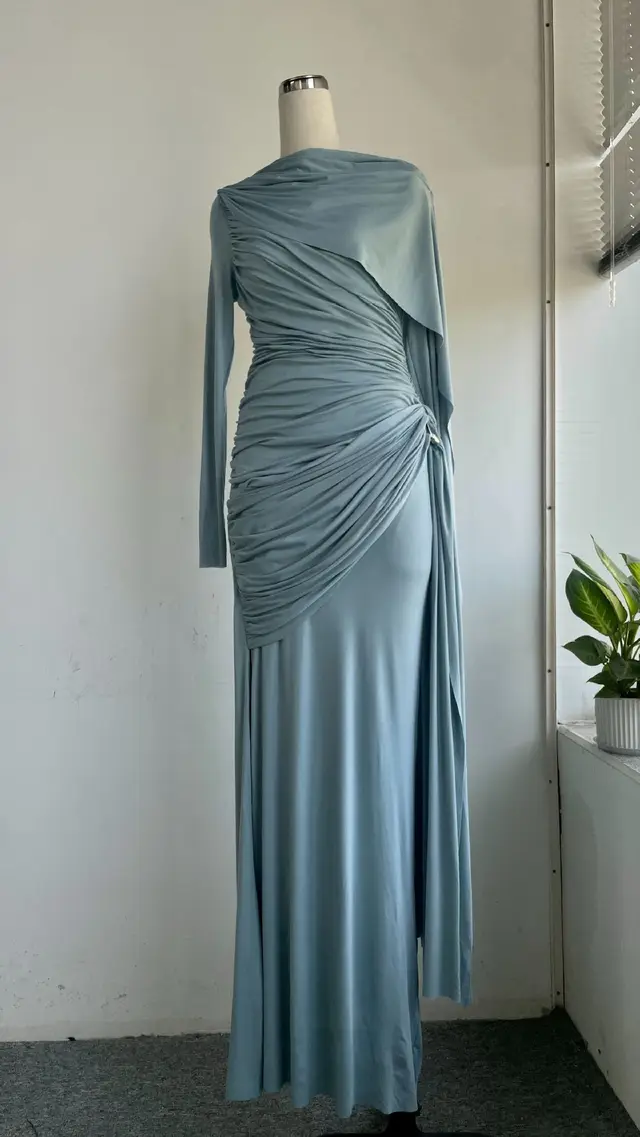 Niche Solid Color Pleating Asymmetric Simple Slim Dress Blue - Shop at LoveMi