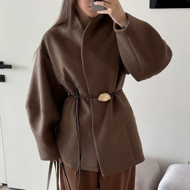 High grade Brown Waist tight Woolen Coat For Women Brown - Shop at LoveMi