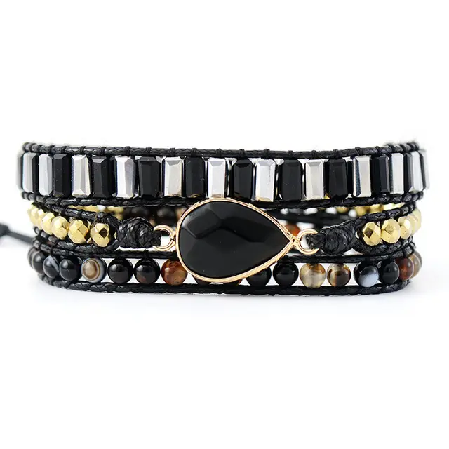 Vintage Ethnic Style Natural Stone Crystal Leather Rope Handmade Bracelet Water Drop - Shop at LoveMi