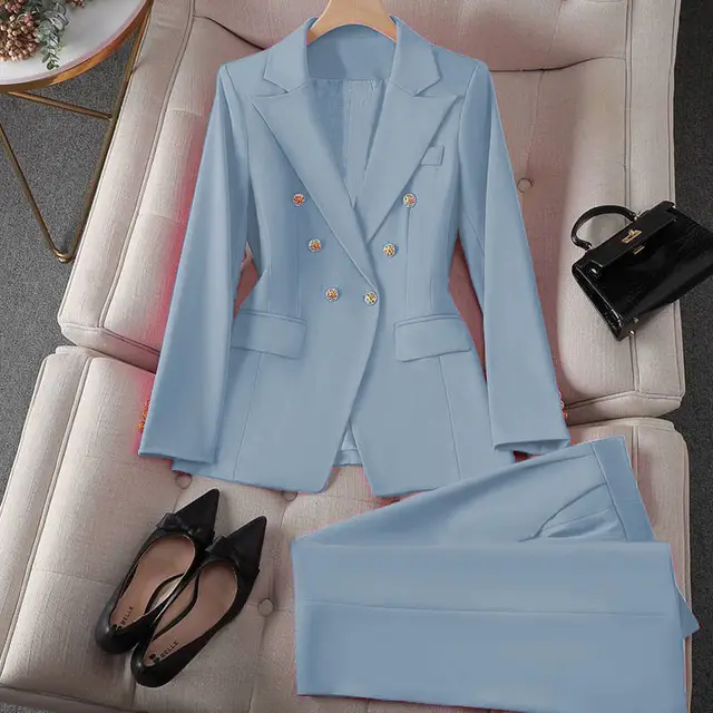 Korean Casual Design Blouse Trouser Suit Blue - Shop at LoveMi