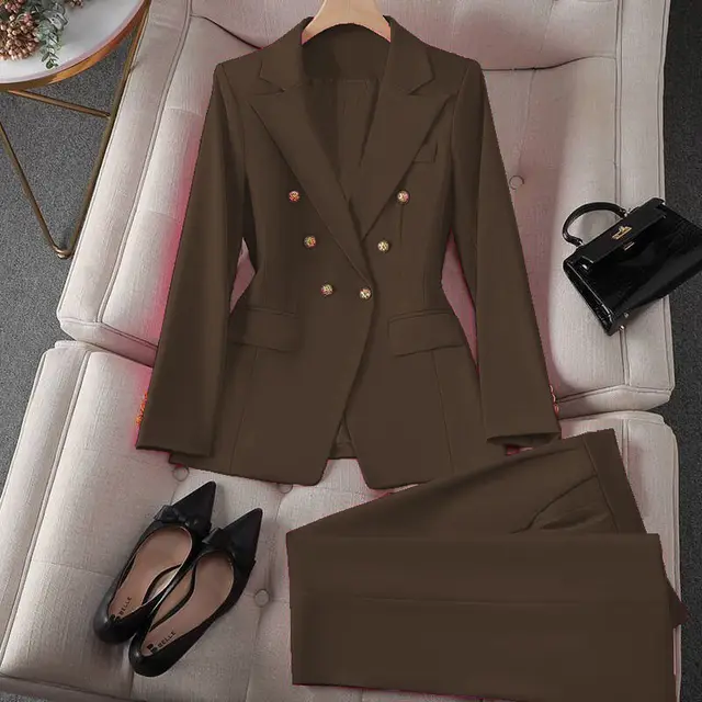 Korean Casual Design Blouse Trouser Suit Coffee - Shop at LoveMi