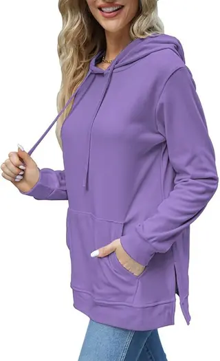 Casual Long Sleeve Sweatshirt Top With Pockets - Purple