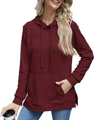 Casual Long Sleeve Sweatshirt Top With Pockets - Wine Red