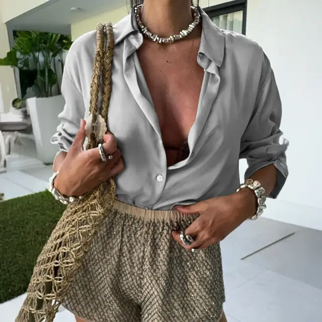 Elegant High end Draped Suit Shirt Women's Clothing Greige - Shop at LoveMi