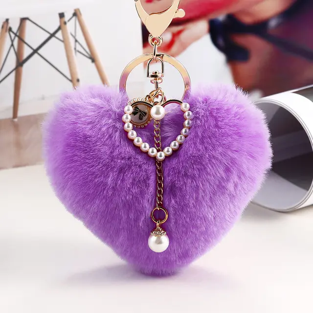 Heart Wool Ball Pearl Keychain Peach Heart Handbag Pendant Purple - Shop at LoveMi