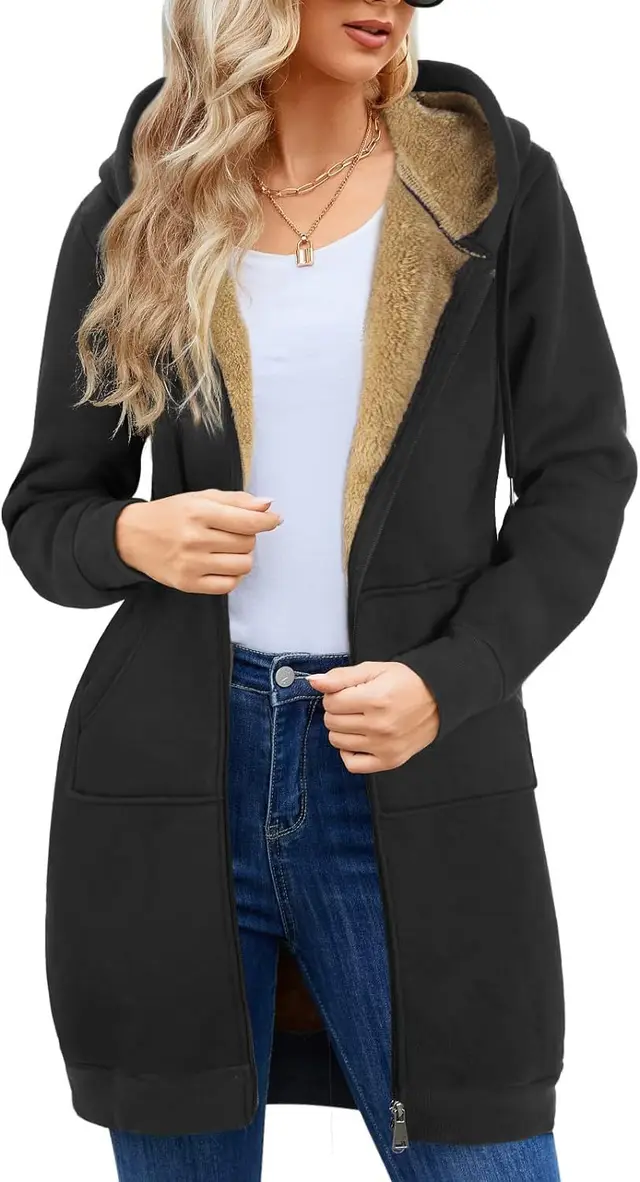 Fleece lined Thickened Long Section Lambswool Zipper Sweater Black - Shop at LoveMi