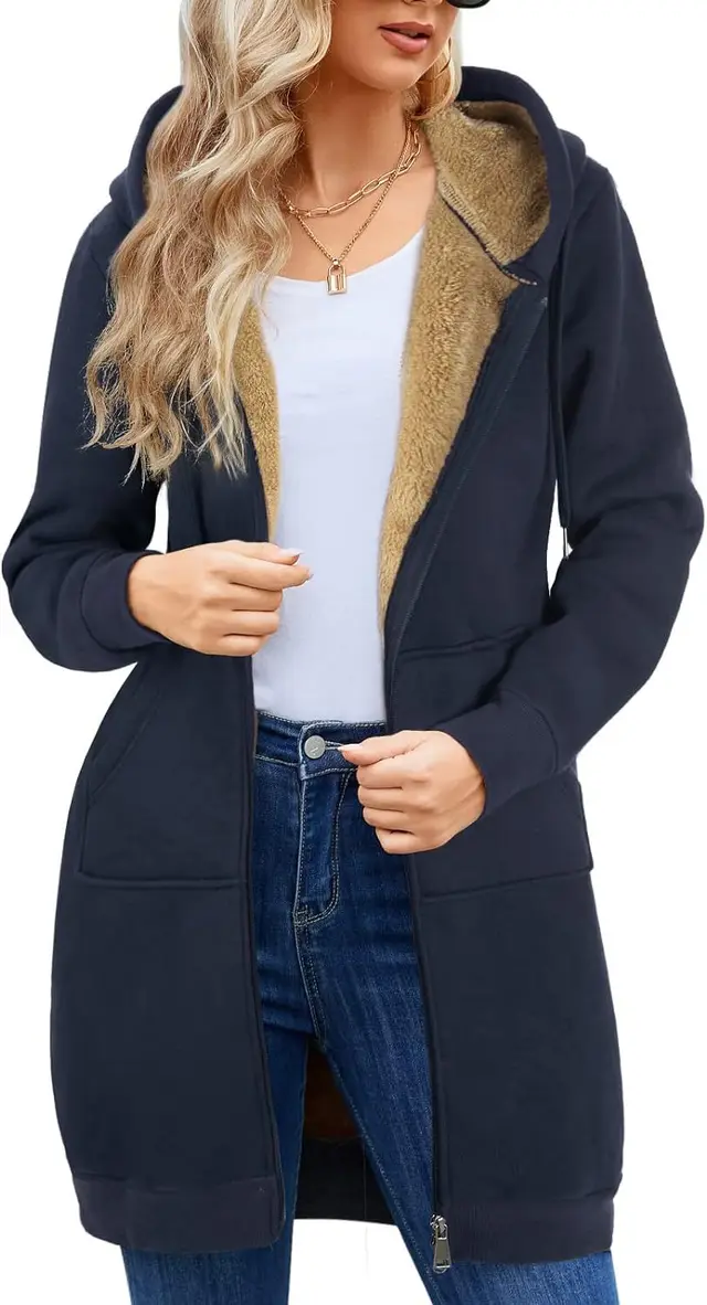 Fleece lined Thickened Long Section Lambswool Zipper Sweater Navy Blue - Shop at LoveMi