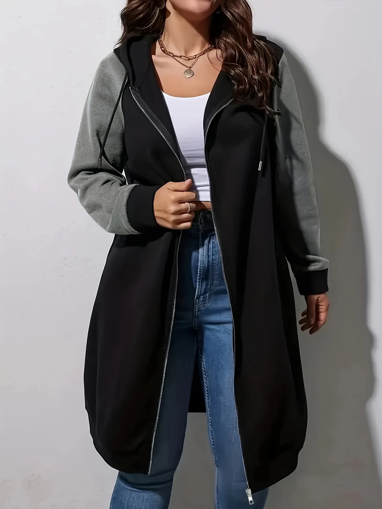 Elegant Style Long Hooded Loose-fitting Women's Coat - Black