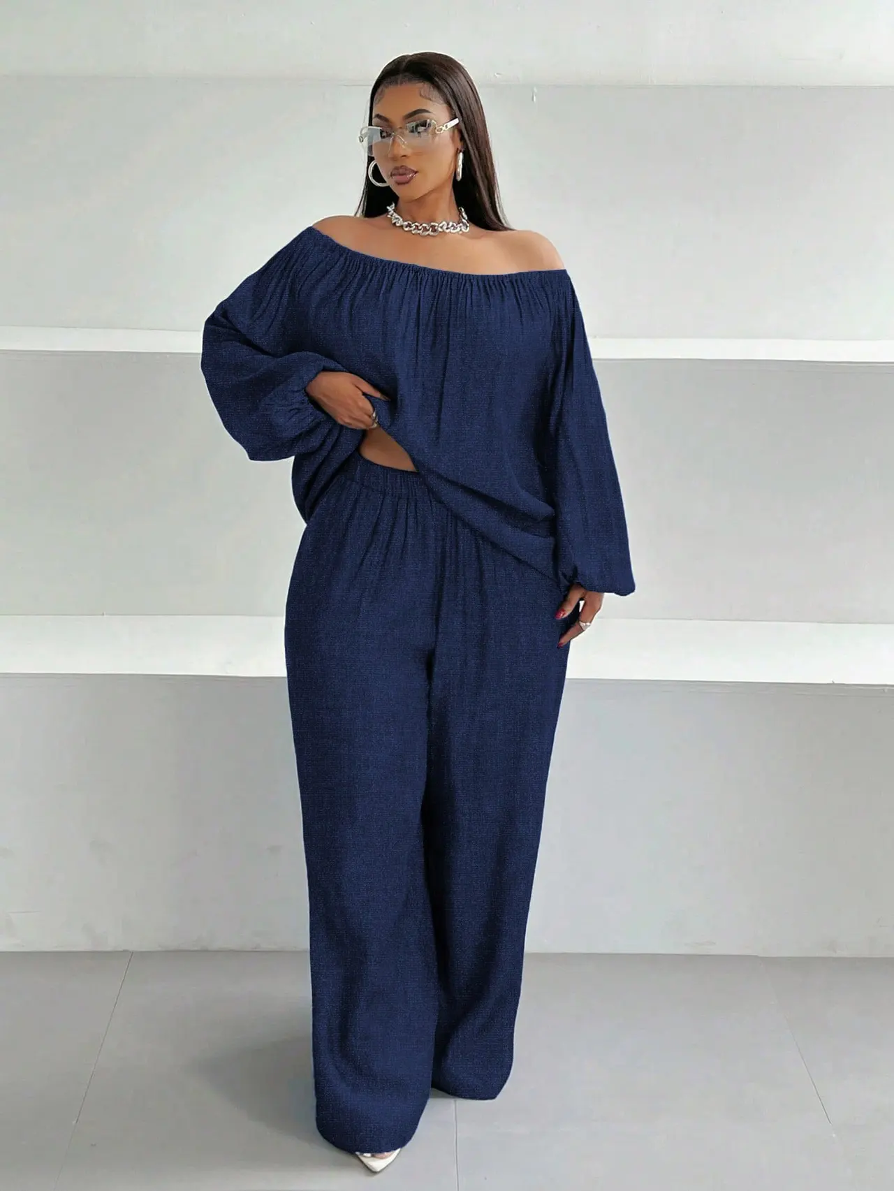Off-shoulder Loose Top Wide Leg Pants Two-piece Set - Dark Blue