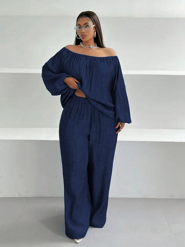 Off shoulder Loose Top Wide Leg Pants Two piece Set Dark Blue - Shop at LoveMi
