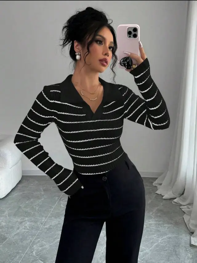 Striped Long Sleeve T shirt Slim Fit Base Knitting Women Black - Shop at LoveMi