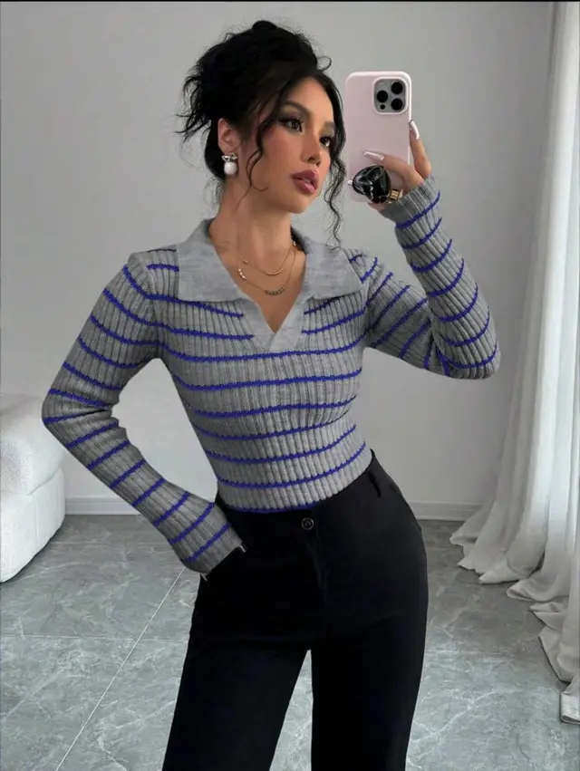 Striped Long Sleeve T shirt Slim Fit Base Knitting Women Gray - Shop at LoveMi