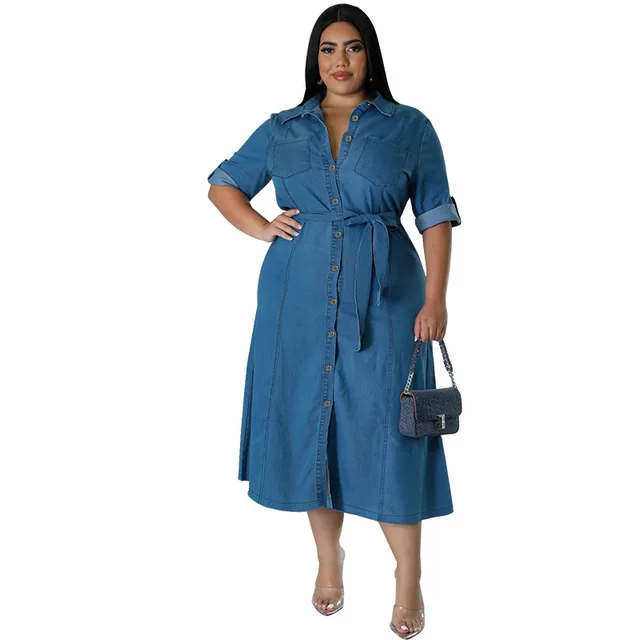 Denim Lapel Long Sleeve Tied Midi Dress Blue - Shop at LoveMi
