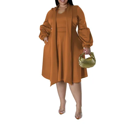 Long sleeved Bubble Sleeve Midi Dress Caramel Color 4Xl - Shop at LoveMi