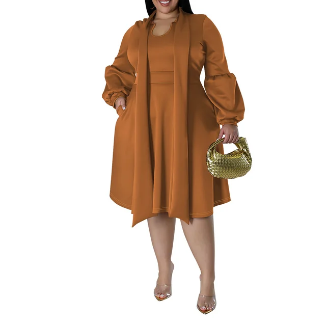 Long-sleeved Bubble Sleeve Midi Dress - Caramel Color